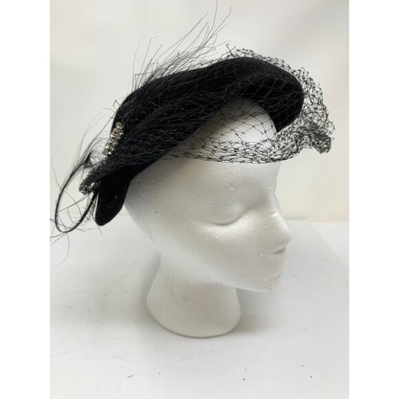 Vintage Black Wool Hat Mesh Feather Rhinestone Details *READ main image 5